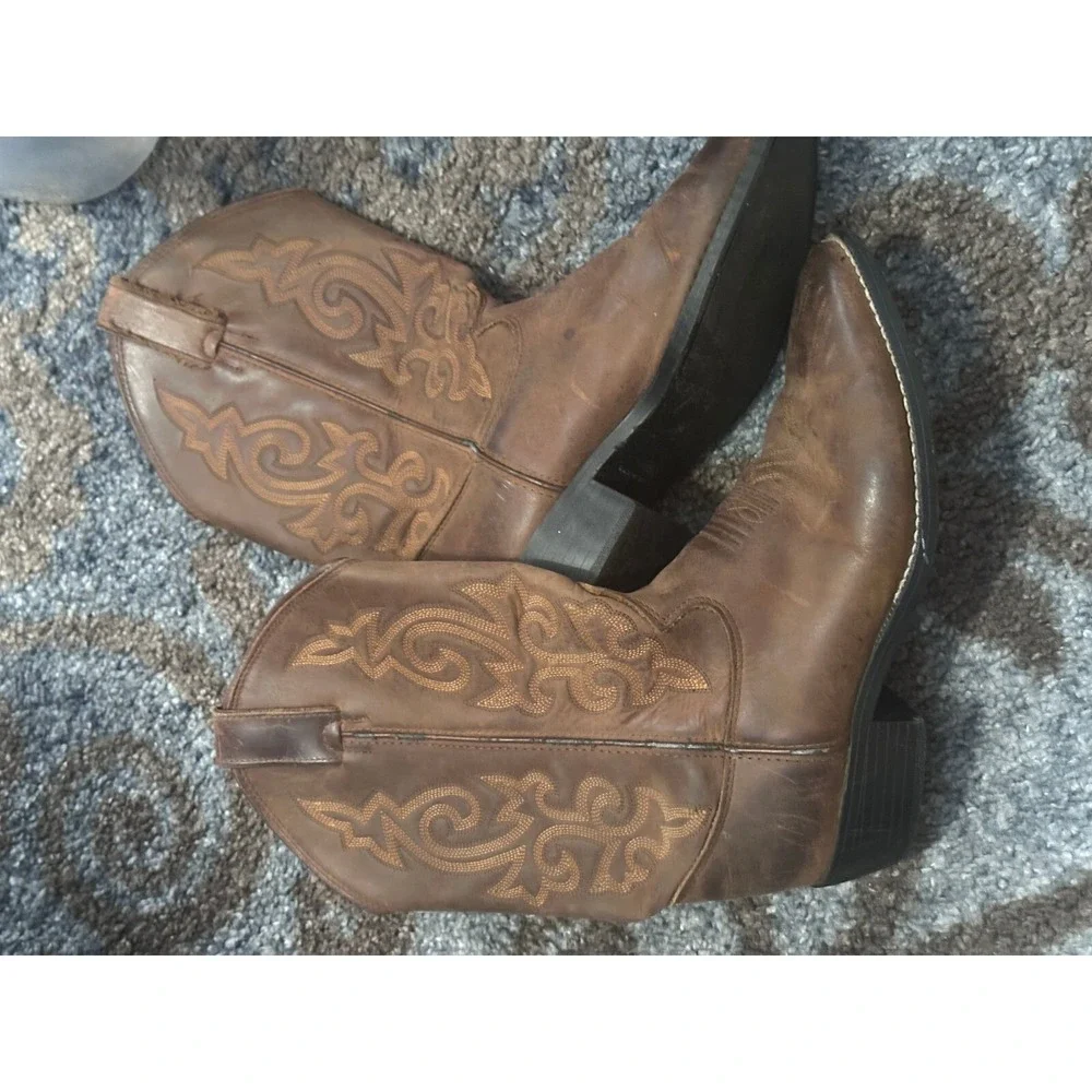 Cowboy Western Boots Embroidered Leather Pull On Brown Boots